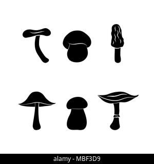 Different types of mushrooms, silhouettes isolated on white background Stock Vector