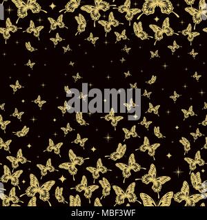 Golden butterfly seamless background on black Stock Vector