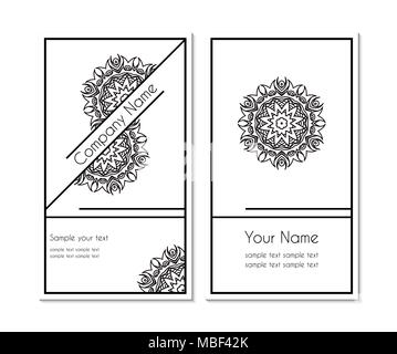 black and white business card with a circular ornamental design. Contour lacy white pattern on a dark background Stock Vector