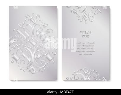Vintage silver cards or invitations with floral design element. Ethnic motifs Stock Vector