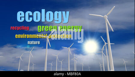 Ecology buzzwords on cloudy sky background with white wind turbines ...
