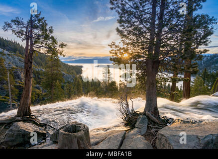 Sunrise at Emerald Bay on Lake Tahoe from the top of Lower Eagle Falls, Sierra Nevada, California, USA Stock Photo