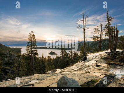 Sunset at Emerald Bay on Lake Tahoe from the top of Lower Eagle Falls, Sierra Nevada, California, USA Stock Photo