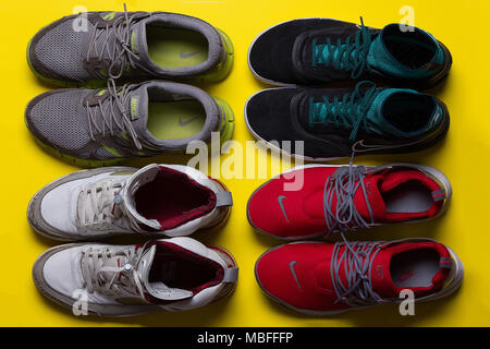 sneakers against a bright background, studio shot, top view
