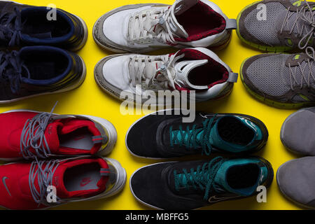 sneakers against a bright background, studio shot, top view