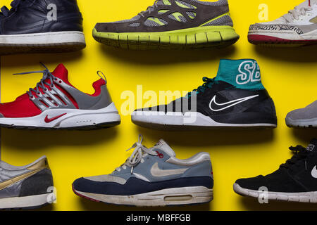 studio shot, top view of trainers against a bright background