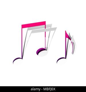 Music notes sign. Vector. Detachable paper with shadow at underlying layer with magenta-violet background. Stock Vector