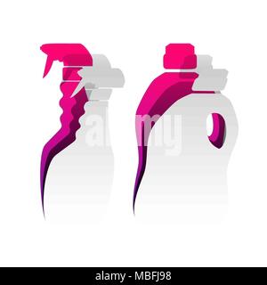 Household chemical bottles sign. Vector. Detachable paper with shadow at underlying layer with magenta-violet background. Stock Vector