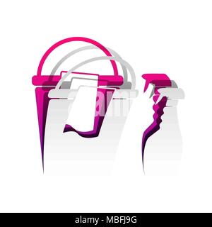 Bucket and a rag with Household chemical bottles. Vector. Detachable paper with shadow at underlying layer with magenta-violet background. Stock Vector
