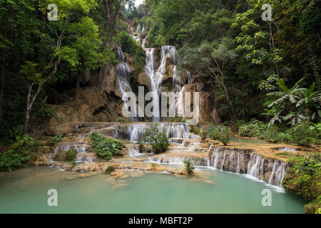 Beautiful view of the main fall at the Tat Kuang Si Waterfalls near Luang Prabang in Laos. Stock Photo