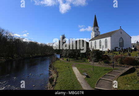 White Church and River Earn Comrie Scotland  April 2018 Stock Photo