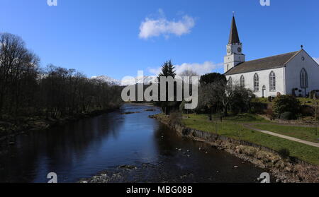 White Church and River Earn Comrie Scotland  April 2018 Stock Photo