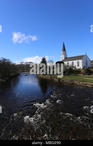 White Church and River Earn Comrie Scotland  April 2018 Stock Photo