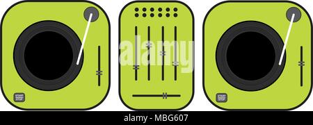 Flat outlined dj turntables illustration. Green vinyl turntable. Flat style vector drawing. Green gramophone. Dj set. Stock Vector