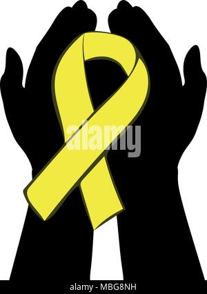 Hands hold with yellow ribbon. World chilhood cancer day Stock Vector