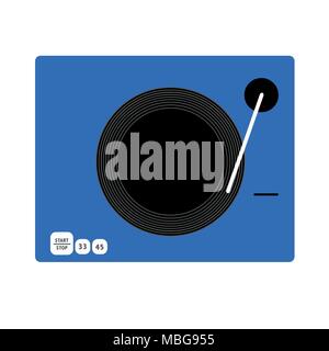 Blue and black vinyl turntable. Flat style vector drawing. Blue gramophone. Stock Vector