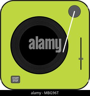 Green vinyl turntable icon. Flat style vector drawing. Green gramophone. Musical device. Stock Vector