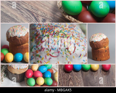 Easter cakes and colored eggs on basket collage Stock Photo