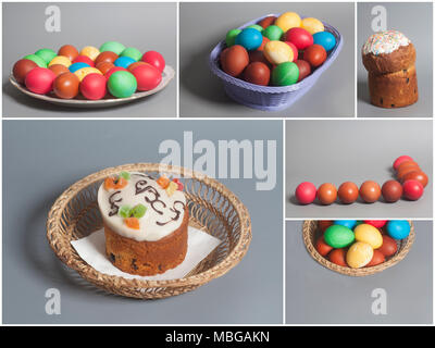 Easter cakes and colored eggs on basket collage Stock Photo