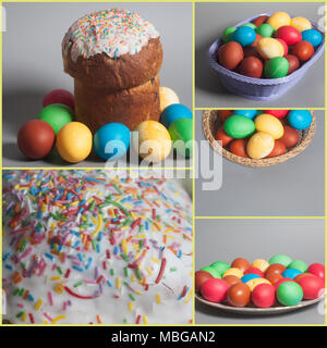 Easter cakes and colored eggs on basket collage Stock Photo