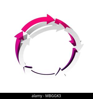 Circular arrows sign. Vector. Detachable paper with shadow at underlying layer with magenta-violet background. Stock Vector