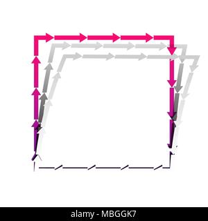 Arrow on a square shape. Vector. Detachable paper with shadow at underlying layer with magenta-violet background. Stock Vector