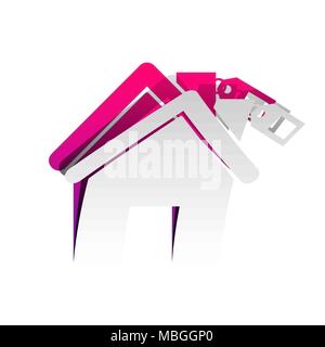 Home silhouette with tag. Vector. Detachable paper with shadow at underlying layer with magenta-violet background. Stock Vector