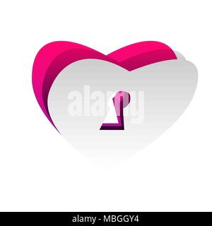 Heart with lock sign. Vector. Detachable paper with shadow at underlying layer with magenta-violet background. Stock Vector