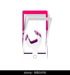 Phone icon with settings. Vector. Detachable paper with shadow at underlying layer with magenta-violet background. Stock Vector