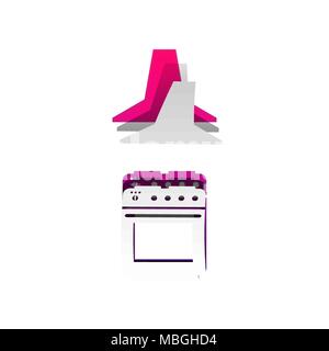 Electric or gas stove and extractor kitchen hood sign. Vector. Detachable paper with shadow at underlying layer with magenta-violet background. Stock Vector