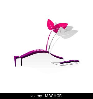 Sprout in a hand sign of environmental protection. Vector. Detachable paper with shadow at underlying layer with magenta-violet background. Stock Vector
