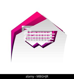 Letter in an envelope sign illustration. Vector. Detachable paper with shadow at underlying layer with magenta-violet background. Stock Vector