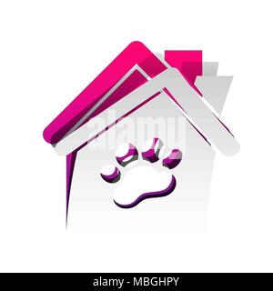 Pet shop, store building sign illustration. Vector. Detachable paper with shadow at underlying layer with magenta-violet background. Stock Vector