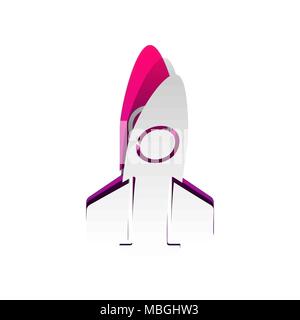 Retro Rocket sign illustration. Vector. Detachable paper with shadow at underlying layer with magenta-violet background. Stock Vector