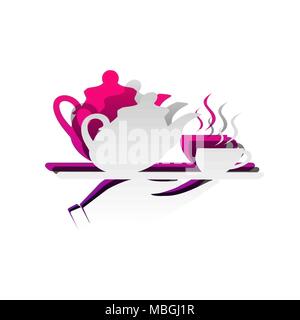 Hand with cup of coffee or tea sign illustration. Vector. Detachable paper with shadow at underlying layer with magenta-violet background. Stock Vector