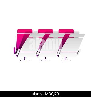 Airplane Transport seats sign illustration. Vector. Detachable paper with shadow at underlying layer with magenta-violet background. Stock Vector