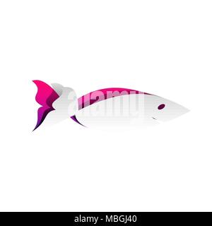 Fish sign illustration. Vector. Detachable paper with shadow at underlying layer with magenta-violet background. Stock Vector