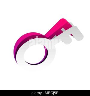 Key sign. Vector. Detachable paper with shadow at underlying layer with magenta-violet background. Stock Vector