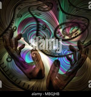 Surreal painting. Human's hands and spirals of time. Colorful swirls. Stock Photo