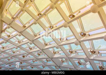 Abu Dhabi, UAE - April 22, 2013: LED facade detail of glass panels inside Yas Viceroy, Abu Dhabi's Yas Island. The 5-star luxury Resort Hotel is located on Yas Marina Circuit. Architecture background. Stock Photo