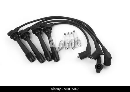 able set spark plug wires isolated on white background Stock Photo
