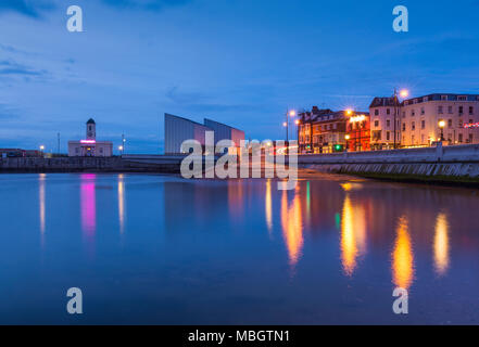 Margate seafront including the Turner Contemporary and Droit House illuminated at dusk Stock Photo