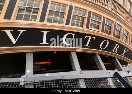 Name & windows at back / aft (stern galleries / gallery) of Admiral Lord Nelson 's flagship HMS Victory. Portsmouth Historic Dockyard / Dockyards UK Stock Photo