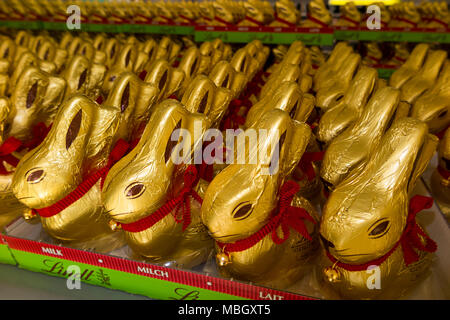 Foil wrapped chocolate bunny rabbit made by premium chocolate maker Lindt & Sprüngli, the famous Swiss chocolatier, especially popular at Easter. (96) Stock Photo