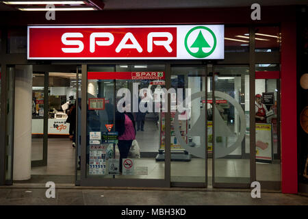 BUDAPEST, HUNGARY - APRIL 6, 2018: Spar logo on one of their Supermarkets. Spar is a Dutch franchise of retailers and wholesalers, operating worldwide Stock Photo