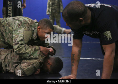 U.S. Army Pv2. Anthony Todd, (top) assigned to the 55th Signal Company (Combat Camera) performs the last step of the arm push and roll to the rear mount technique to Spc. Malik Gibson (bottom) during the Basic Combatives Course at Gaffney Fitness Center located at Fort George G Meade, Maryland, Dec 13, 2017. The Army combatives program enhances unit combat readiness by building Soldiers' personal courage, confidence, and resiliency as well as their situational responsiveness to close quarter threats in the operational environment. Stock Photo