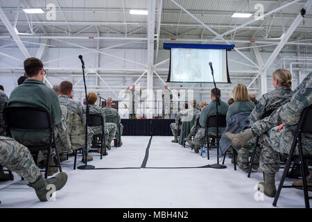 U.S. Air Force Lt. Gen. L. Scott Rice, director, Air National Guard, and Chief Master Sgt. Ronald Anderson, right, Command Chief of the Air National Guard answered questions from members of the 133rd Airlift Wing in St. Paul, Minn., March 25, 2018. The question and answer session was part of an all-call event where they answered questions relating to the airmen’s career fields. Stock Photo