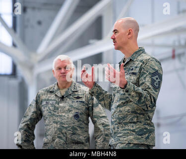 U.S. Air Force Lt. Gen. L. Scott Rice, director, Air National Guard, and Chief Master Sgt. Ronald Anderson, right, Command Chief of the Air National Guard answered questions from members of the 133rd Airlift Wing in St. Paul, Minn., March 25, 2018. The question and answer session was part of an all-call event where they answered questions relating to the airmen's career fields. Stock Photo