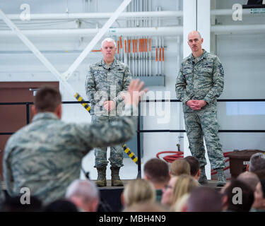 U.S. Air Force Lt. Gen. L. Scott Rice, director, Air National Guard, and Chief Master Sgt. Ronald Anderson, right, Command Chief of the Air National Guard answered questions from members of the 133rd Airlift Wing in St. Paul, Minn., March 25, 2018. The question and answer session was part of an all-call event where they answered questions from airmen relating to their career fields. Stock Photo