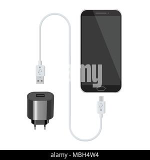 Black smartphone with usb charger. Vector illustration Stock Vector